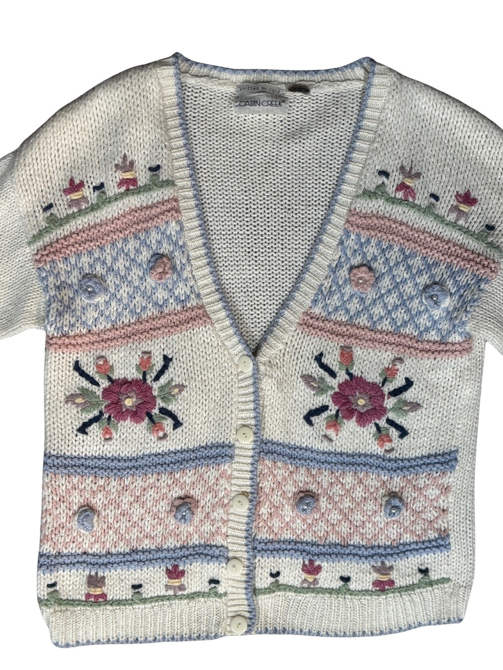 Vintage Cabin Creek Cream Floral HandKnit Cardigan Sweater